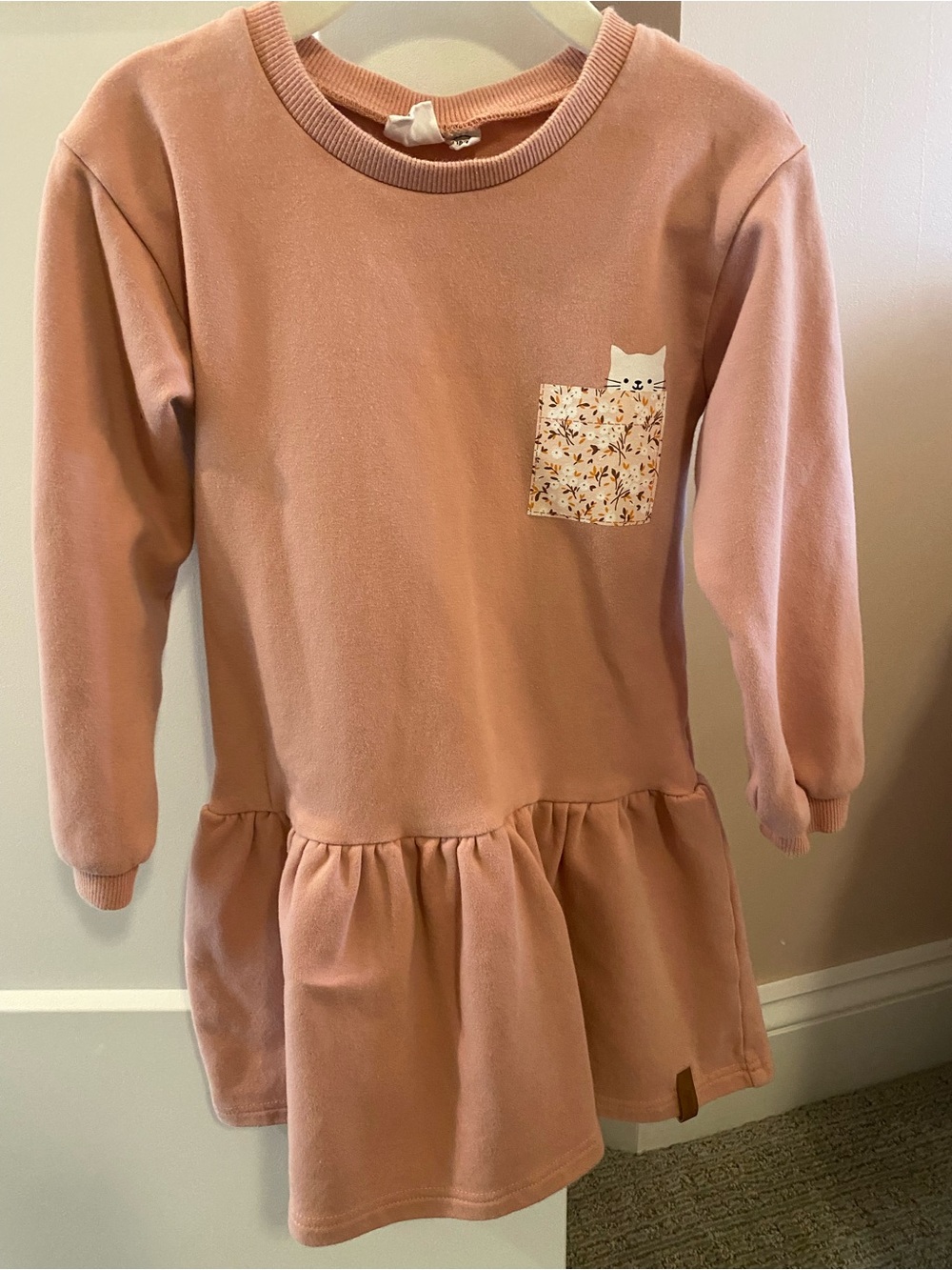 Deux par Deux Girls Dusty Rose Long Sleeve Pocket Dress with Cat Detail - size 5